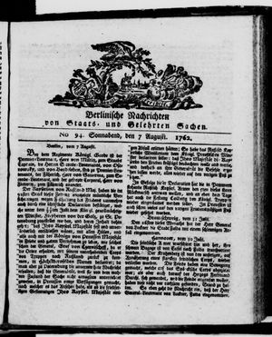 Berlinische Nachrichten von Staats- und gelehrten Sachen vom 07.08.1762