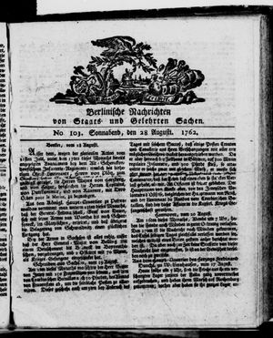 Berlinische Nachrichten von Staats- und gelehrten Sachen vom 28.08.1762