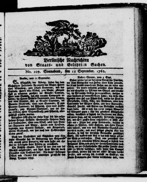 Berlinische Nachrichten von Staats- und gelehrten Sachen vom 11.09.1762