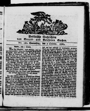 Berlinische Nachrichten von Staats- und gelehrten Sachen vom 07.10.1762