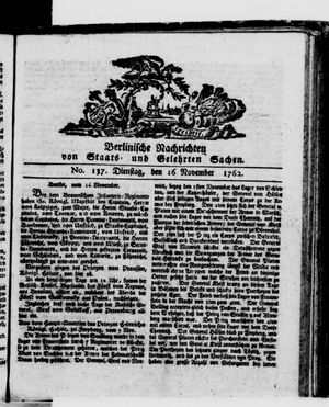 Berlinische Nachrichten von Staats- und gelehrten Sachen vom 16.11.1762