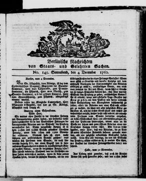 Berlinische Nachrichten von Staats- und gelehrten Sachen vom 04.12.1762