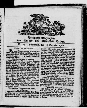 Berlinische Nachrichten von Staats- und gelehrten Sachen vom 18.12.1762