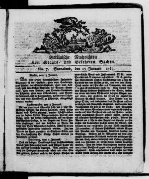 Berlinische Nachrichten von Staats- und gelehrten Sachen vom 15.01.1763