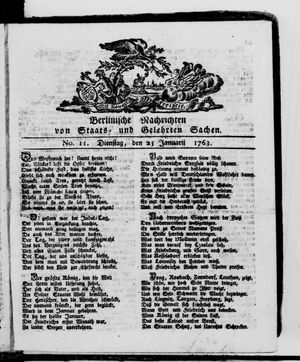 Berlinische Nachrichten von Staats- und gelehrten Sachen vom 25.01.1763