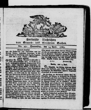 Berlinische Nachrichten von Staats- und gelehrten Sachen vom 14.04.1763