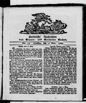 Berlinische Nachrichten von Staats- und gelehrten Sachen vom 17.05.1763