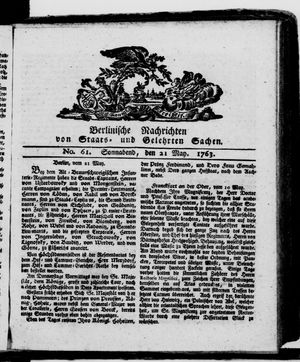 Berlinische Nachrichten von Staats- und gelehrten Sachen vom 21.05.1763