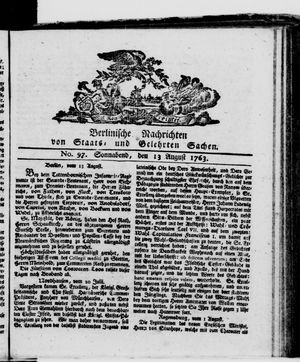 Berlinische Nachrichten von Staats- und gelehrten Sachen vom 13.08.1763