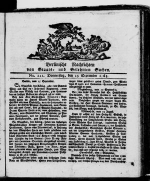 Berlinische Nachrichten von Staats- und gelehrten Sachen vom 15.09.1763
