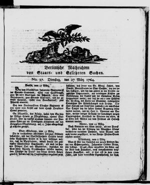 Berlinische Nachrichten von Staats- und gelehrten Sachen vom 27.03.1764