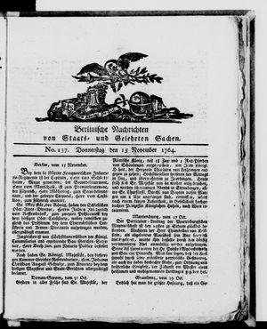 Berlinische Nachrichten von Staats- und gelehrten Sachen vom 15.11.1764