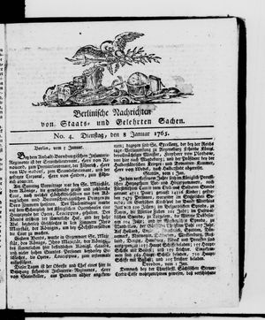 Berlinische Nachrichten von Staats- und gelehrten Sachen vom 08.01.1765