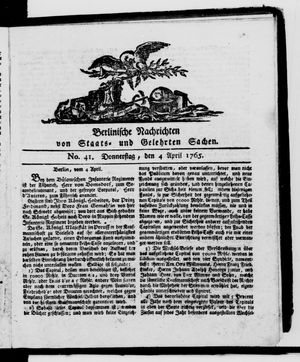 Berlinische Nachrichten von Staats- und gelehrten Sachen vom 04.04.1765