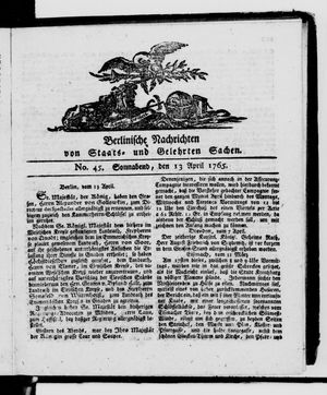 Berlinische Nachrichten von Staats- und gelehrten Sachen vom 13.04.1765