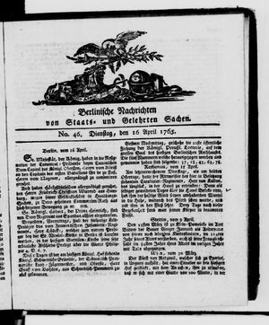 Berlinische Nachrichten von Staats- und gelehrten Sachen vom 16.04.1765
