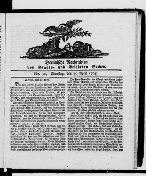 Berlinische Nachrichten von Staats- und gelehrten Sachen vom 30.04.1765
