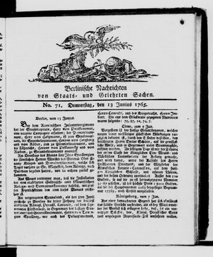 Berlinische Nachrichten von Staats- und gelehrten Sachen vom 13.06.1765