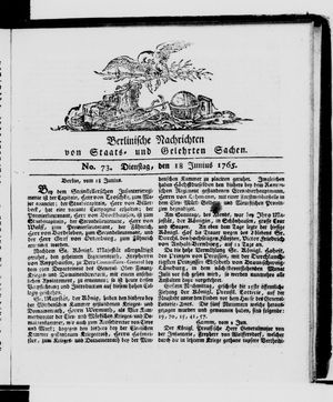 Berlinische Nachrichten von Staats- und gelehrten Sachen vom 18.06.1765