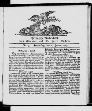 Berlinische Nachrichten von Staats- und gelehrten Sachen vom 27.06.1765