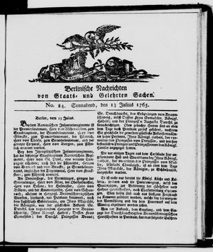 Berlinische Nachrichten von Staats- und gelehrten Sachen vom 13.07.1765