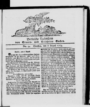 Berlinische Nachrichten von Staats- und gelehrten Sachen vom 06.08.1765