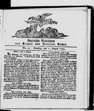 Berlinische Nachrichten von Staats- und gelehrten Sachen vom 13.08.1765