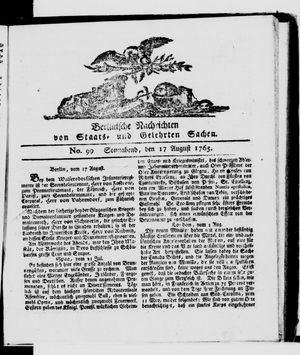 Berlinische Nachrichten von Staats- und gelehrten Sachen vom 17.08.1765