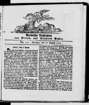 Berlinische Nachrichten von Staats- und gelehrten Sachen vom 27.08.1765
