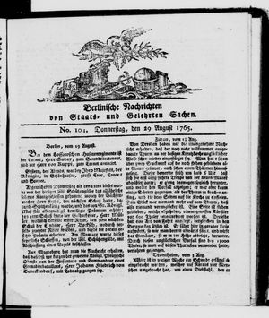 Berlinische Nachrichten von Staats- und gelehrten Sachen vom 29.08.1765