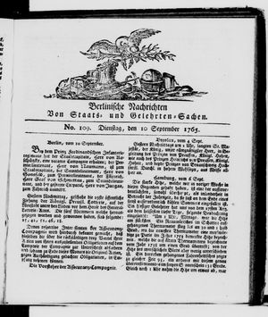 Berlinische Nachrichten von Staats- und gelehrten Sachen vom 10.09.1765