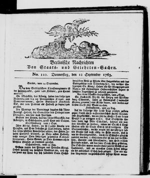 Berlinische Nachrichten von Staats- und gelehrten Sachen vom 12.09.1765