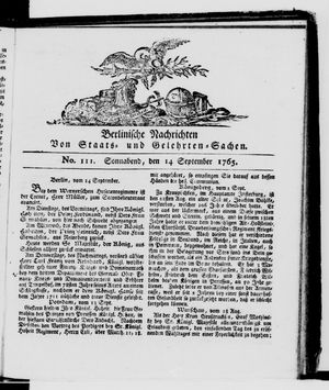 Berlinische Nachrichten von Staats- und gelehrten Sachen vom 14.09.1765
