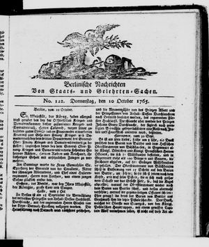 Berlinische Nachrichten von Staats- und gelehrten Sachen vom 10.10.1765