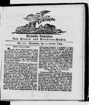 Berlinische Nachrichten von Staats- und gelehrten Sachen vom 19.10.1765