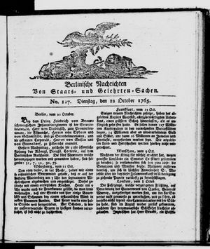 Berlinische Nachrichten von Staats- und gelehrten Sachen vom 22.10.1765