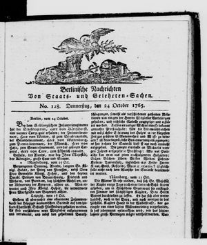 Berlinische Nachrichten von Staats- und gelehrten Sachen vom 24.10.1765