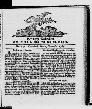 Berlinische Nachrichten von Staats- und gelehrten Sachen vom 23.11.1765