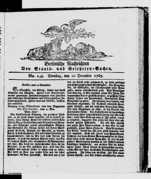 Berlinische Nachrichten von Staats- und gelehrten Sachen vom 10.12.1765