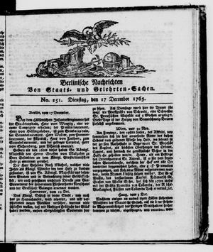 Berlinische Nachrichten von Staats- und gelehrten Sachen vom 17.12.1765