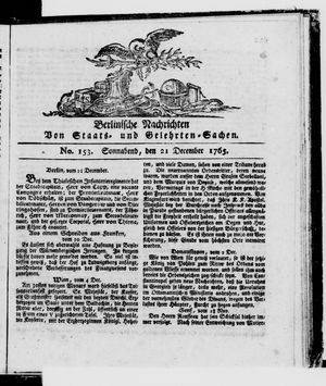 Berlinische Nachrichten von Staats- und gelehrten Sachen vom 21.12.1765