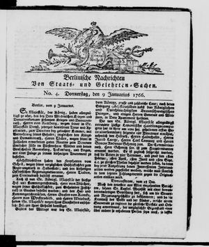Berlinische Nachrichten von Staats- und gelehrten Sachen vom 09.01.1766