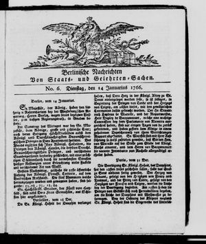 Berlinische Nachrichten von Staats- und gelehrten Sachen vom 14.01.1766