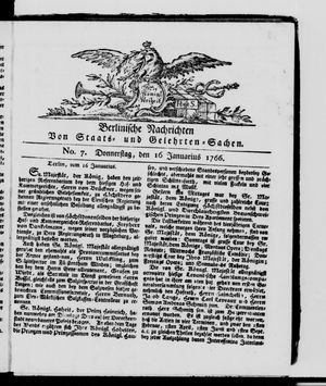 Berlinische Nachrichten von Staats- und gelehrten Sachen on Jan 16, 1766