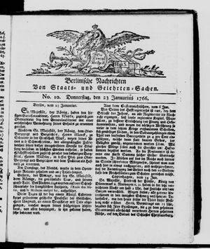 Berlinische Nachrichten von Staats- und gelehrten Sachen on Jan 23, 1766
