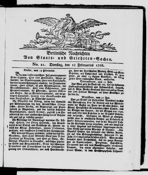 Berlinische Nachrichten von Staats- und gelehrten Sachen vom 18.02.1766