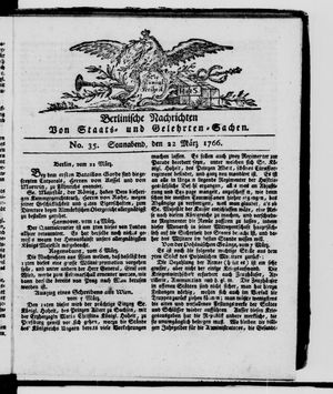 Berlinische Nachrichten von Staats- und gelehrten Sachen vom 22.03.1766