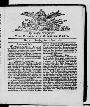 Berlinische Nachrichten von Staats- und gelehrten Sachen vom 08.04.1766