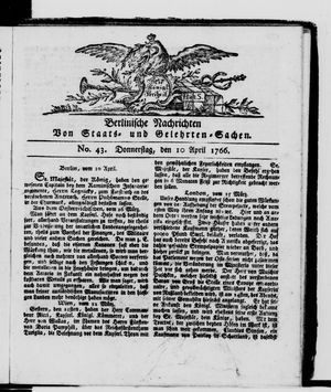 Berlinische Nachrichten von Staats- und gelehrten Sachen vom 10.04.1766