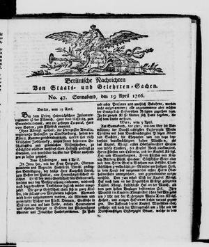 Berlinische Nachrichten von Staats- und gelehrten Sachen vom 19.04.1766